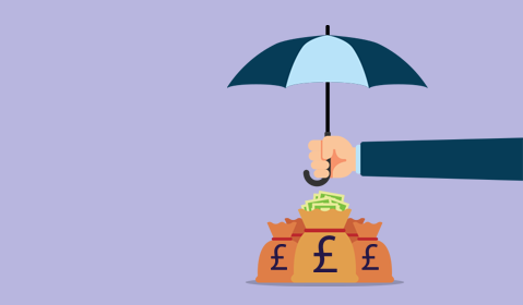 Money bags with umbrella protecting